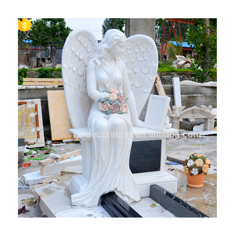 Modern hand carved angel sitting with flowers in hand stone sculpture large cemetery marble weeping angel statue tombstone