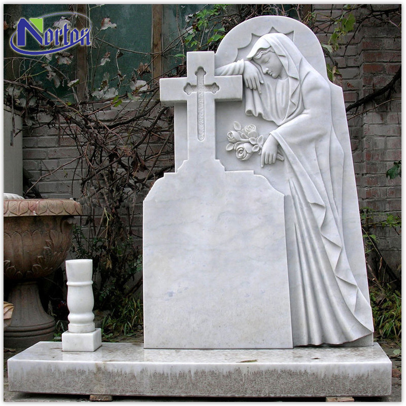 Cemetery carved little angel statue white marble headstone NTGT-444A