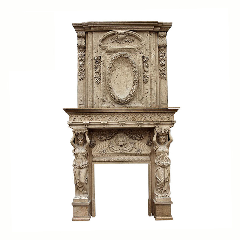 Indoor home decor use hand-carved luxury stone fireplace with woman statues yellow marble freestanding fireplace mantel