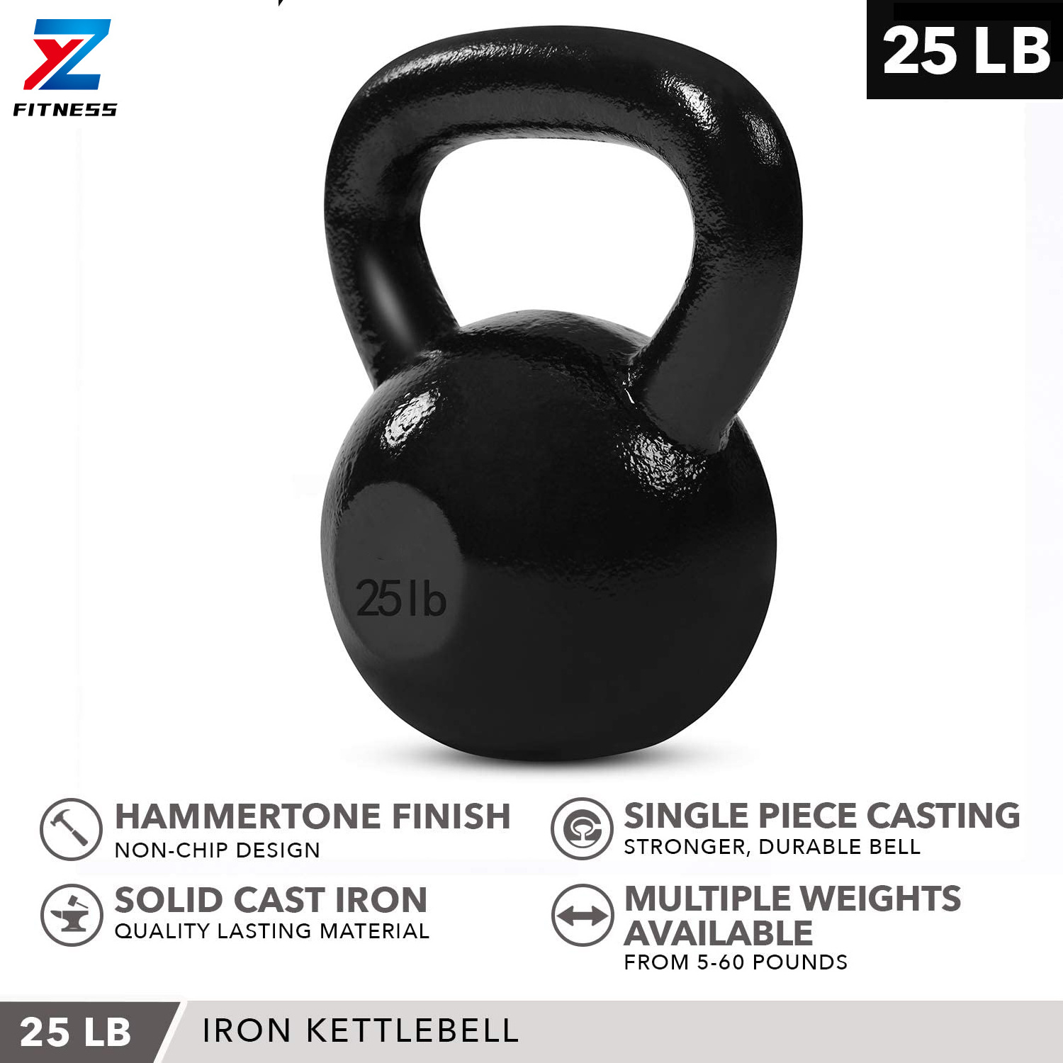 ZY FITNESS Gravity Black Cast Iron Powder Coated Kettlebell