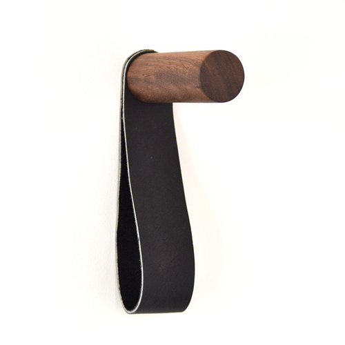 Wall Mount Wood Peg Clothes Hanger Hooks with Leather Strap