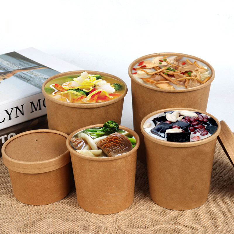 Disposable Hot Soup Containers 8 oz 16 oz 26 oz Custom Printed Takeaway Kraft Paper Soup Cups with paper Lid