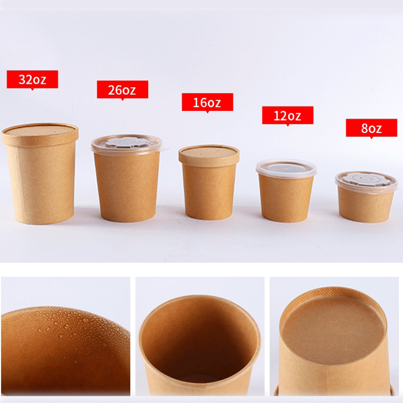 Disposable Hot Soup Containers 8 oz 16 oz 26 oz Custom Printed Takeaway Kraft Paper Soup Cups with paper Lid