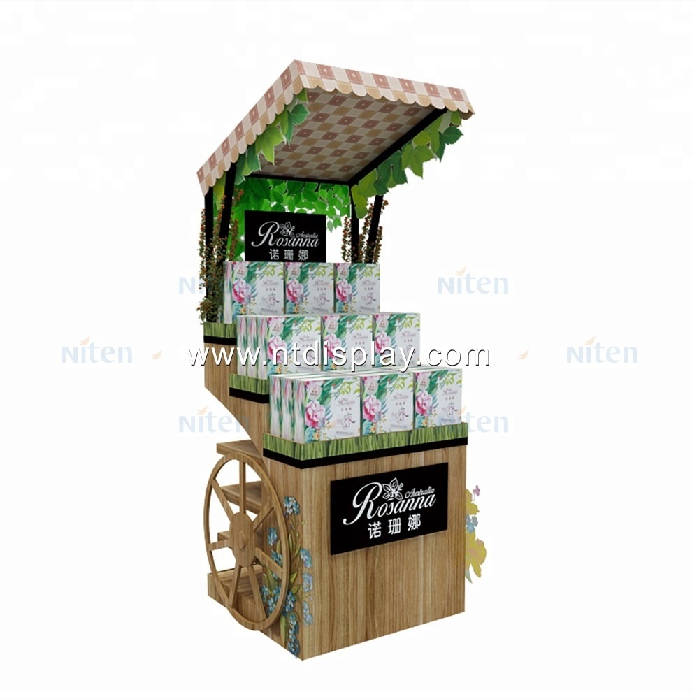 Creative Custom Mall wooden candy cart ornate metal material beauty care products skin care display for promotion with wheel