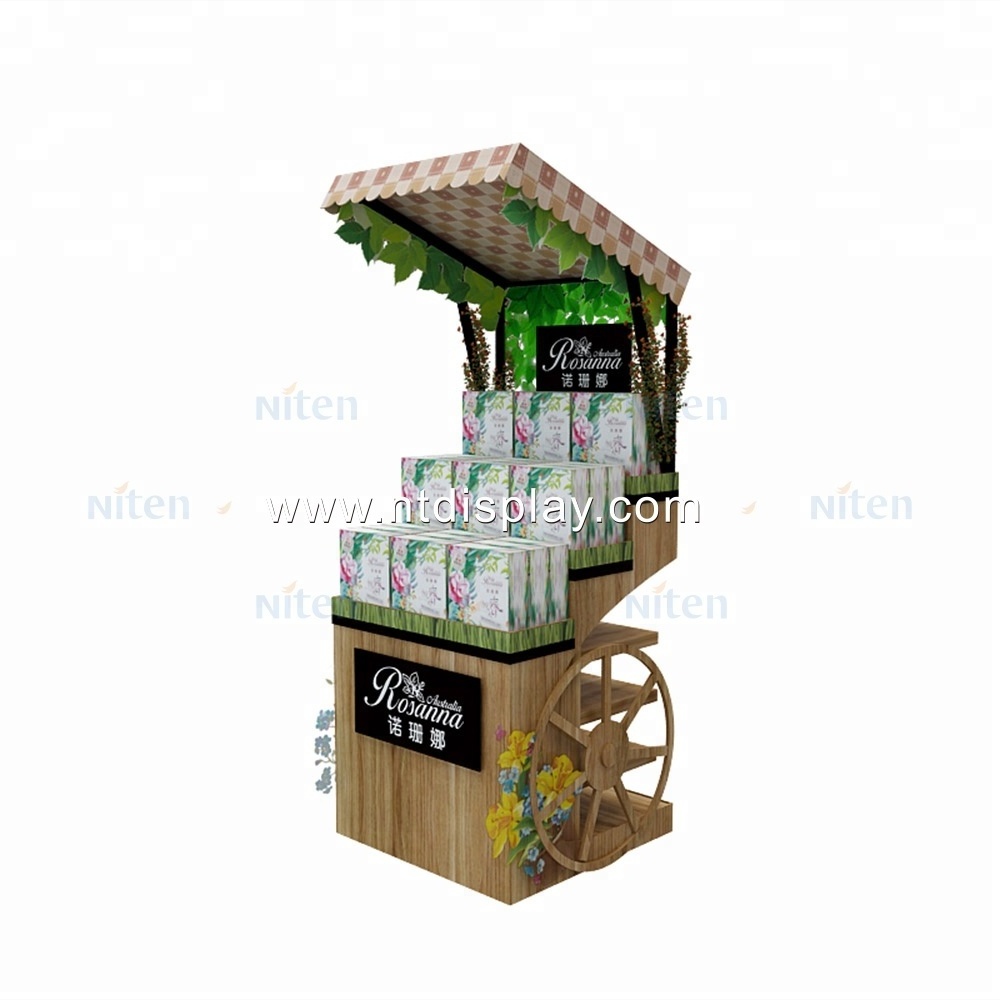 Creative Custom Mall wooden candy cart ornate metal material beauty care products skin care display for promotion with wheel