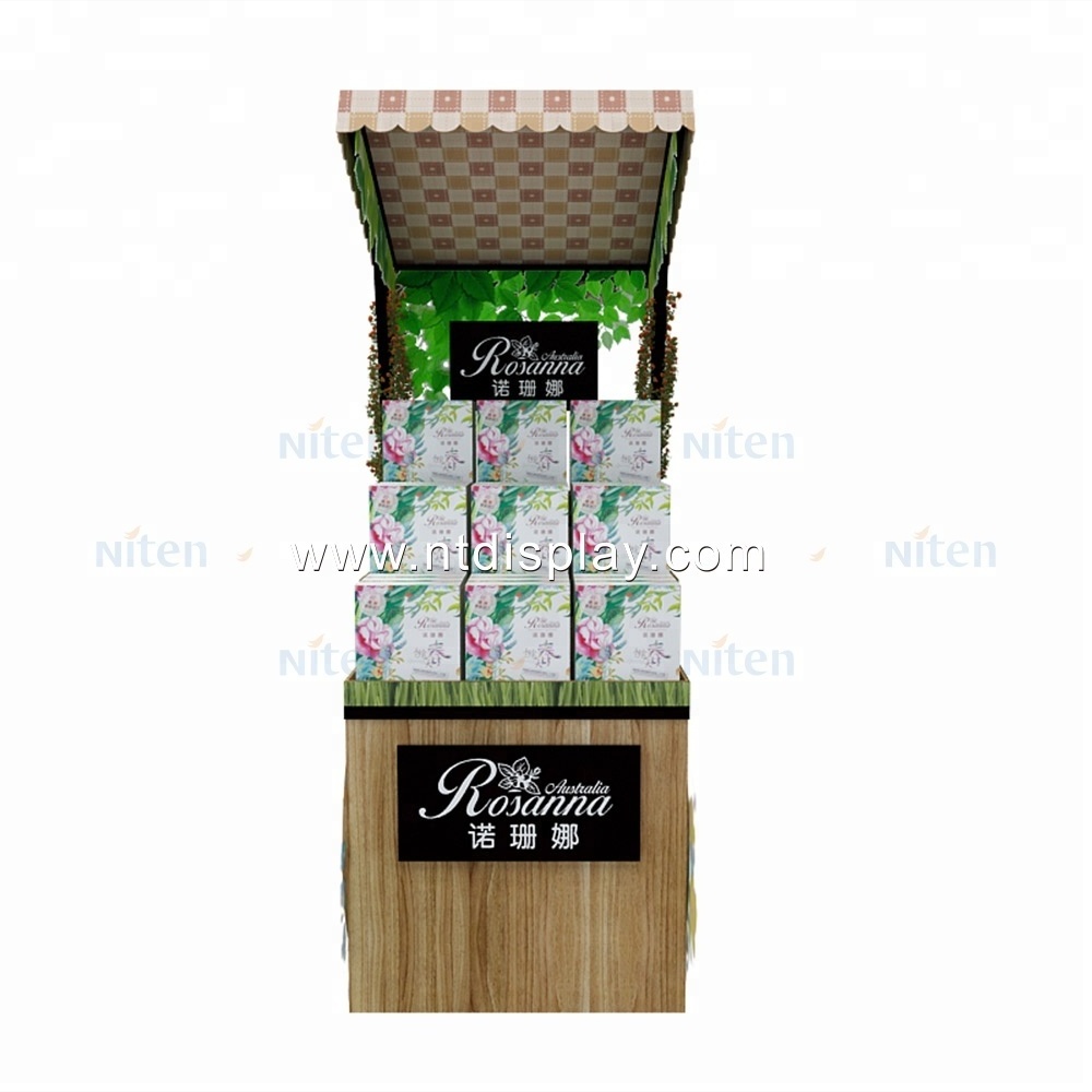 Creative Custom Mall wooden candy cart ornate metal material beauty care products skin care display for promotion with wheel