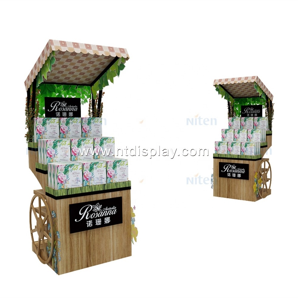 Creative Custom Mall wooden candy cart ornate metal material beauty care products skin care display for promotion with wheel