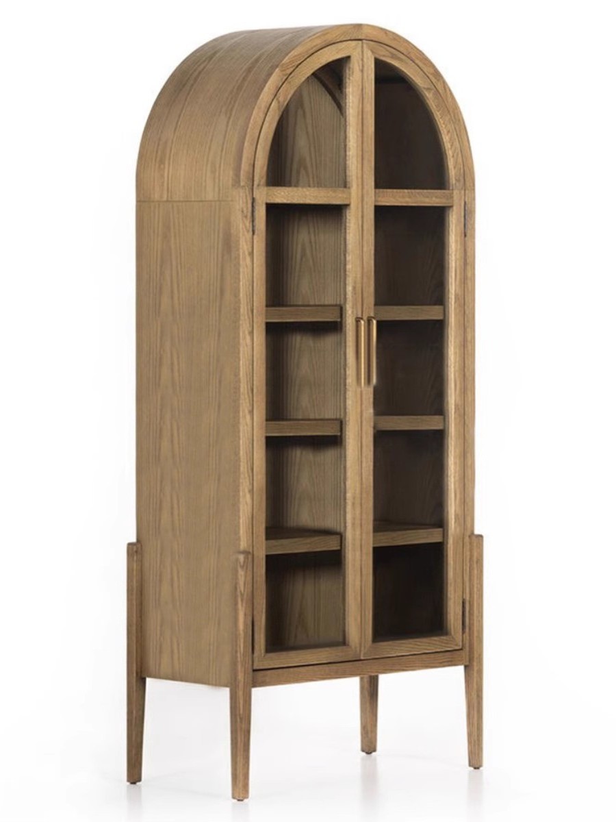 American country light luxury villa living room solid wood carved arched glass door wine cabinet