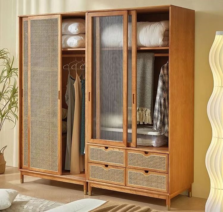 French modern light luxury simple bedroom large capacity four doors rattan woven solid wood wardrobe