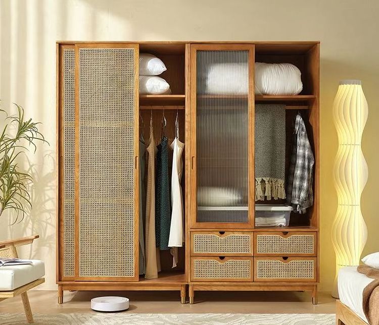 French modern light luxury simple bedroom large capacity four doors rattan woven solid wood wardrobe