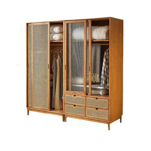 French modern light luxury simple bedroom large capacity four doors rattan woven solid wood wardrobe