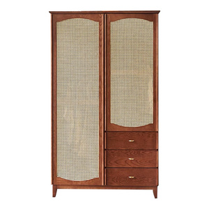 American vintage rattan woven solid wood wardrobe Home bedroom storage locker small open two-door closet modern custom