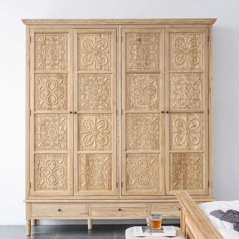 RH American solid wood wardrobe antique carved to open the door closet bedroom adult three doors retro storage cabinet