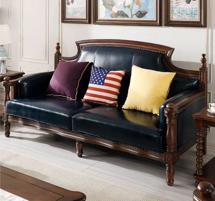 American country retro light luxury industrial style living room leather solid wood sofa