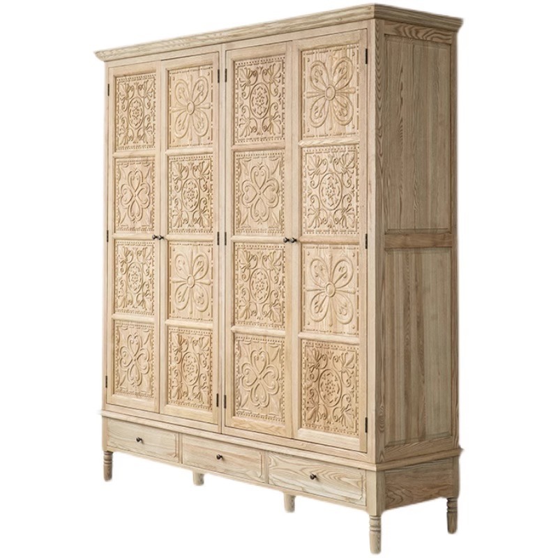 RH American solid wood wardrobe antique carved to open the door closet bedroom adult three doors retro storage cabinet