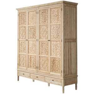 RH American solid wood wardrobe antique carved to open the door closet bedroom adult three doors retro storage cabinet