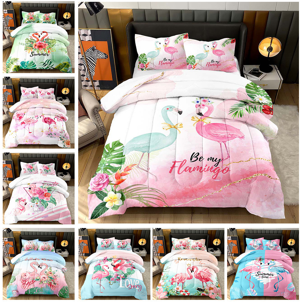 Hawaiian style comforter With 2 pillowcases3D tropical rain forest Pink Flamingo Love Print warm and comfortable quilt