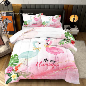 Hawaiian style comforter With 2 pillowcases3D tropical rain forest Pink Flamingo Love Print warm and comfortable quilt