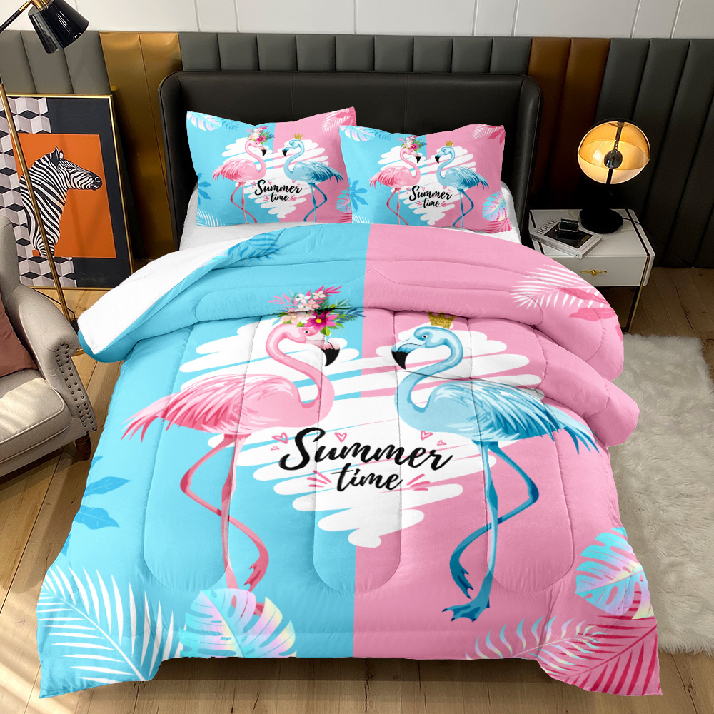 Hawaiian style comforter With 2 pillowcases3D tropical rain forest Pink Flamingo Love Print warm and comfortable quilt