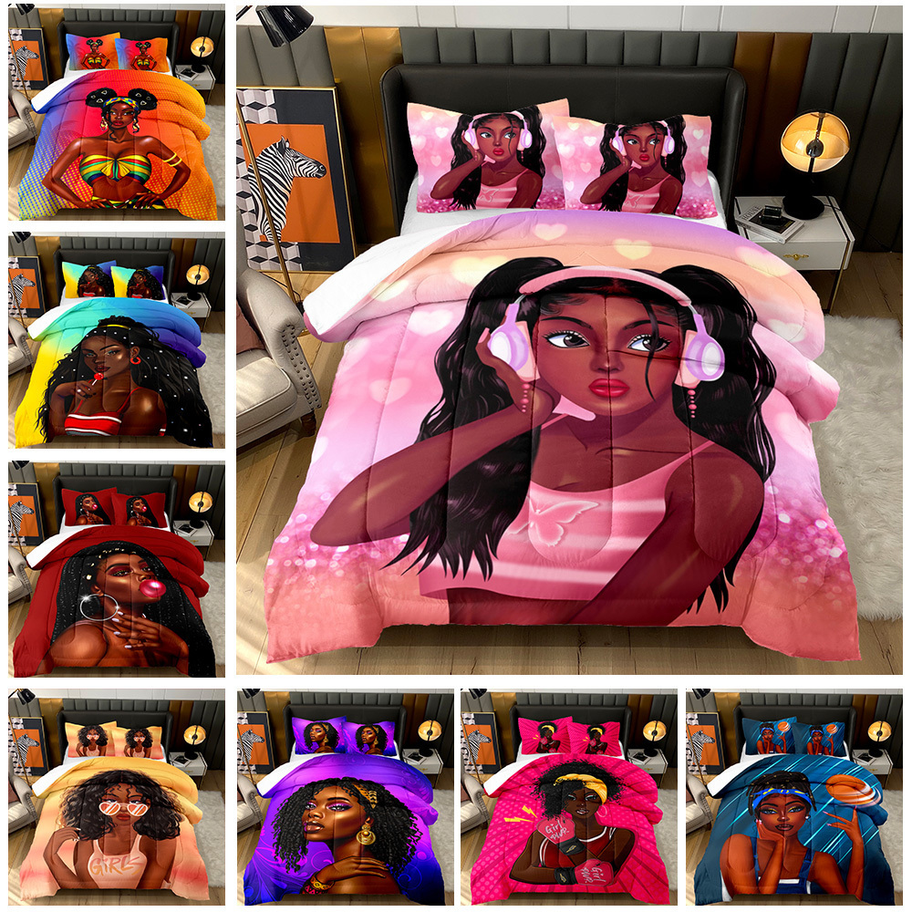 Black girl colchas de princesas quilt fluffy duvet bedding set 100% polyester printed comforter set