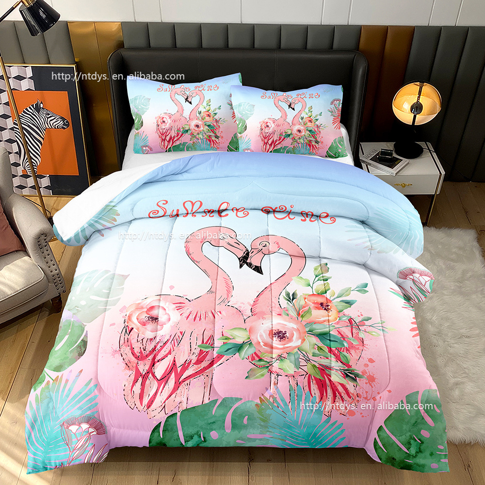 Hawaiian style comforter With 2 pillowcases3D tropical rain forest Pink Flamingo Love Print warm and comfortable quilt