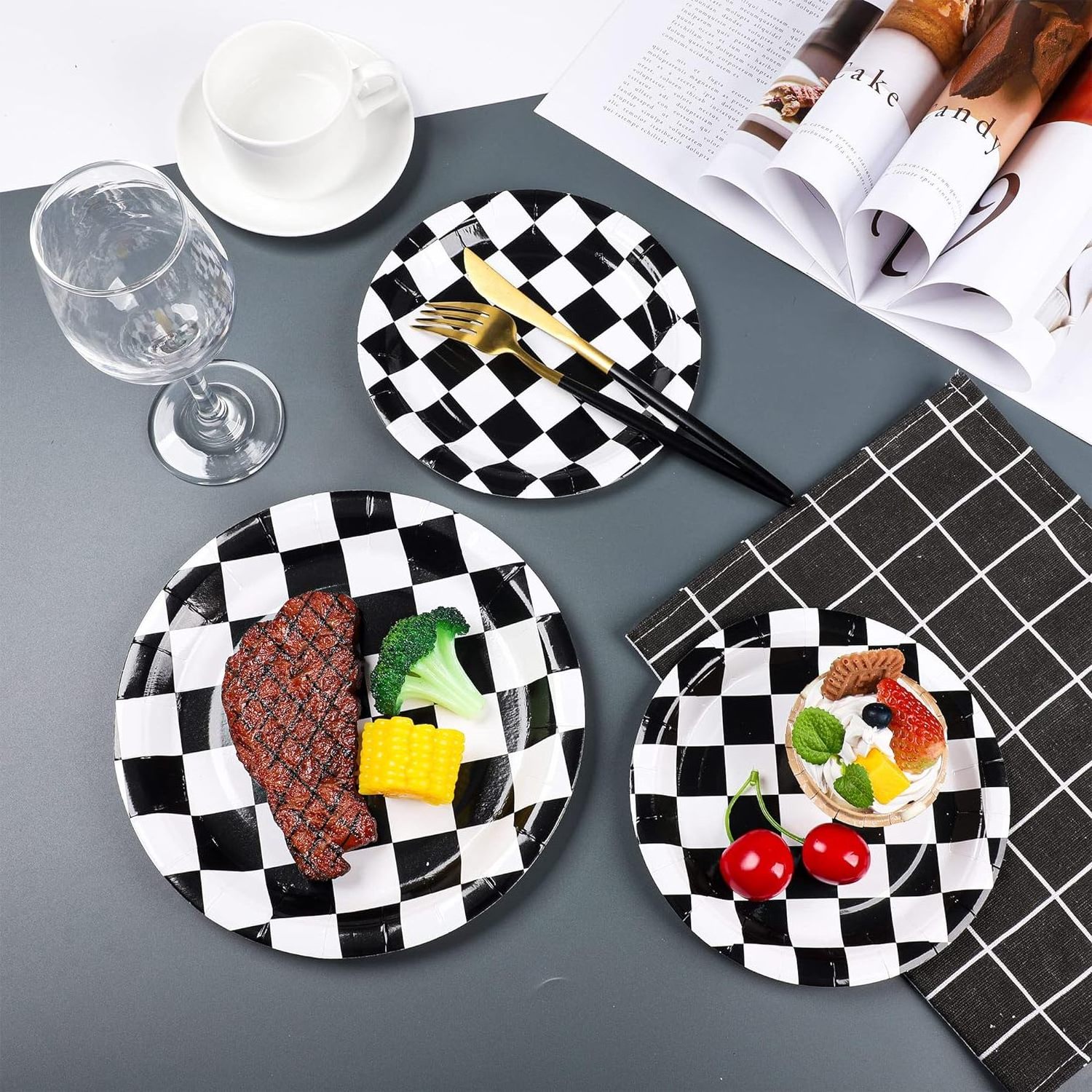 Factory Checkered Flag Party Supplies Racing Car Party Plates Black And White Tableware Set Plaid Disposable Dessert Paper