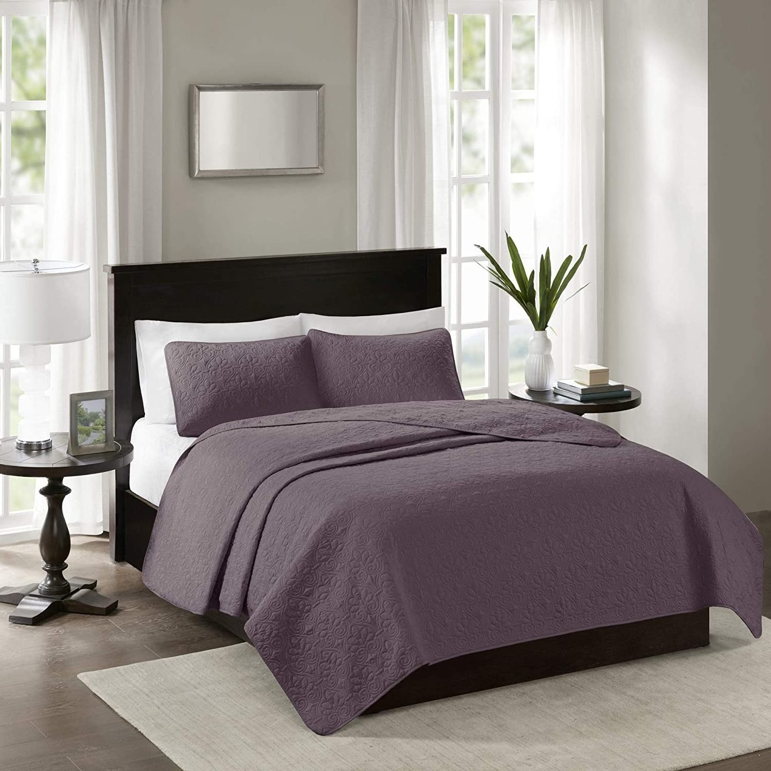 All season luxury  microfiber  fiber queen  size quilt set with light weight filling  bedding set in purple