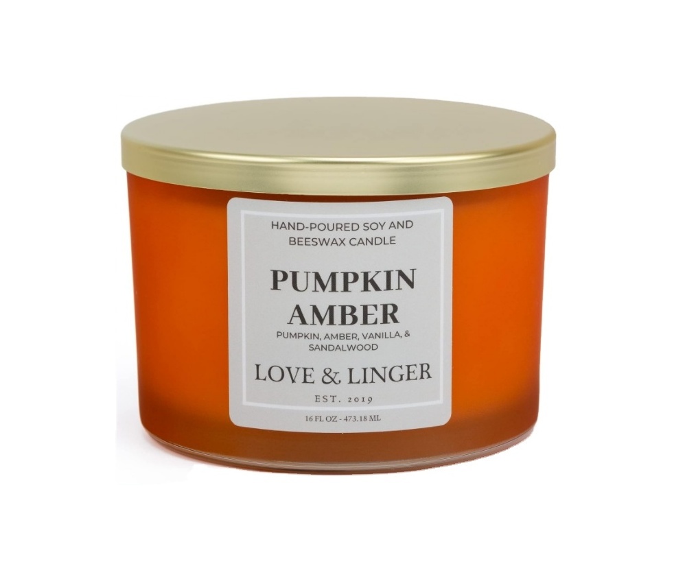 450g Custom wholesale direct factory glass orange pumpkin 3 wicks 16oz scented candle with gold metal lid 3 wick candle