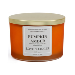 450g Custom wholesale direct factory glass orange pumpkin 3 wicks 16oz scented candle with gold metal lid 3 wick candle