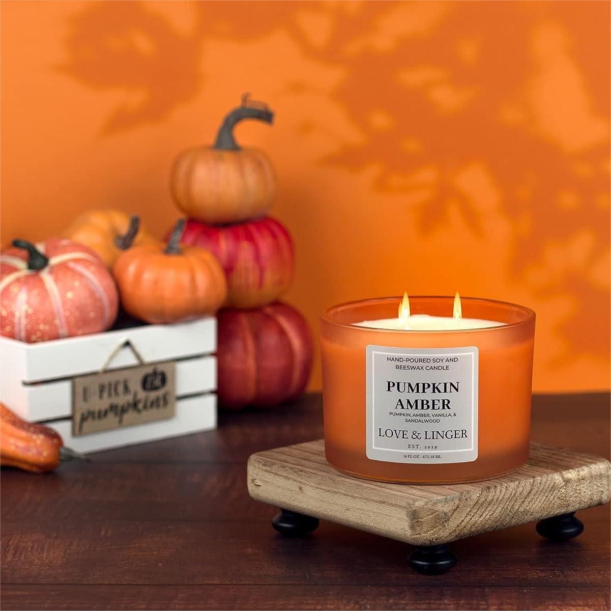 450g Custom wholesale direct factory glass orange pumpkin 3 wicks 16oz scented candle with gold metal lid 3 wick candle