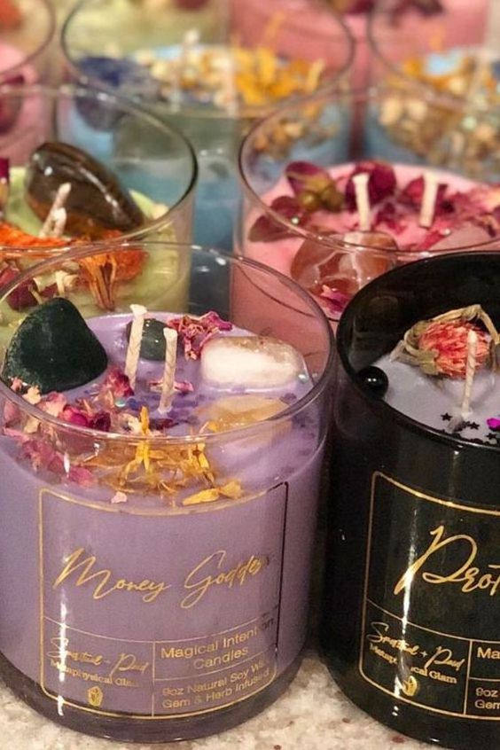 Colorful Rituals Nature Stone Quarze Magic Candles Wholesale Spiritual Witchcraft Healing Crystal Energy Candle  with flowers