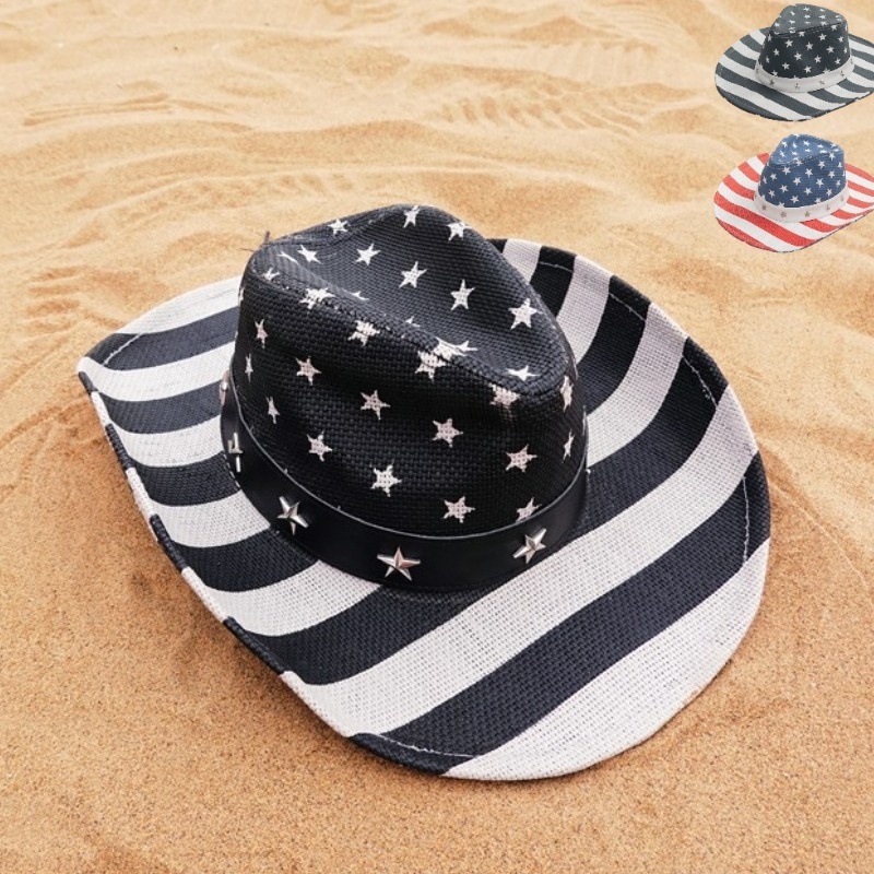 China manufacturer  adult custom logo us flag large brim colored colorful  pattern PAPER STRAW cheap cowboy hats for sale