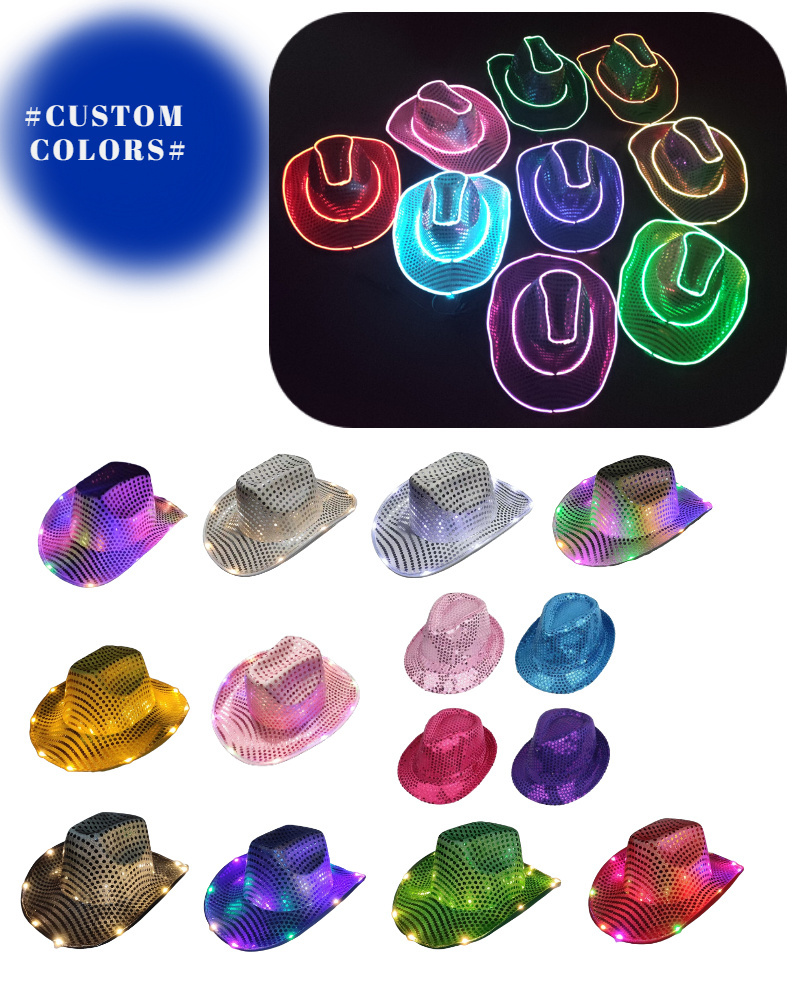 CUSTOM LOGO plastic bling light up hip pop performance jazz sequin glowing cowboy light up LED festive hats party caps for adult