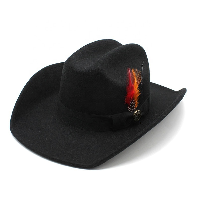 Luxury plain high quality western wide brim mexican black sombrero wool polyester panama fedora felt pro cowboy cowgirl hat