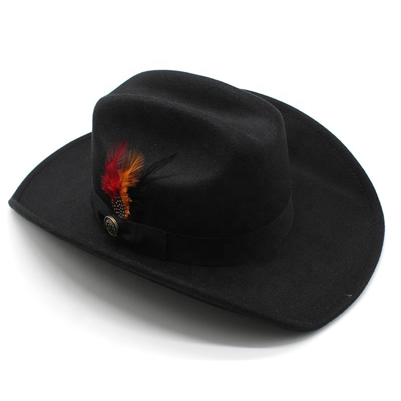 Luxury plain high quality western wide brim mexican black sombrero wool polyester panama fedora felt pro cowboy cowgirl hat