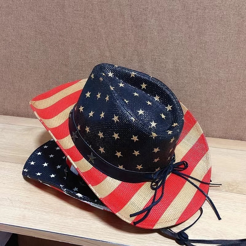 China manufacturer  adult custom logo us flag large brim colored colorful  pattern PAPER STRAW cheap cowboy hats for sale