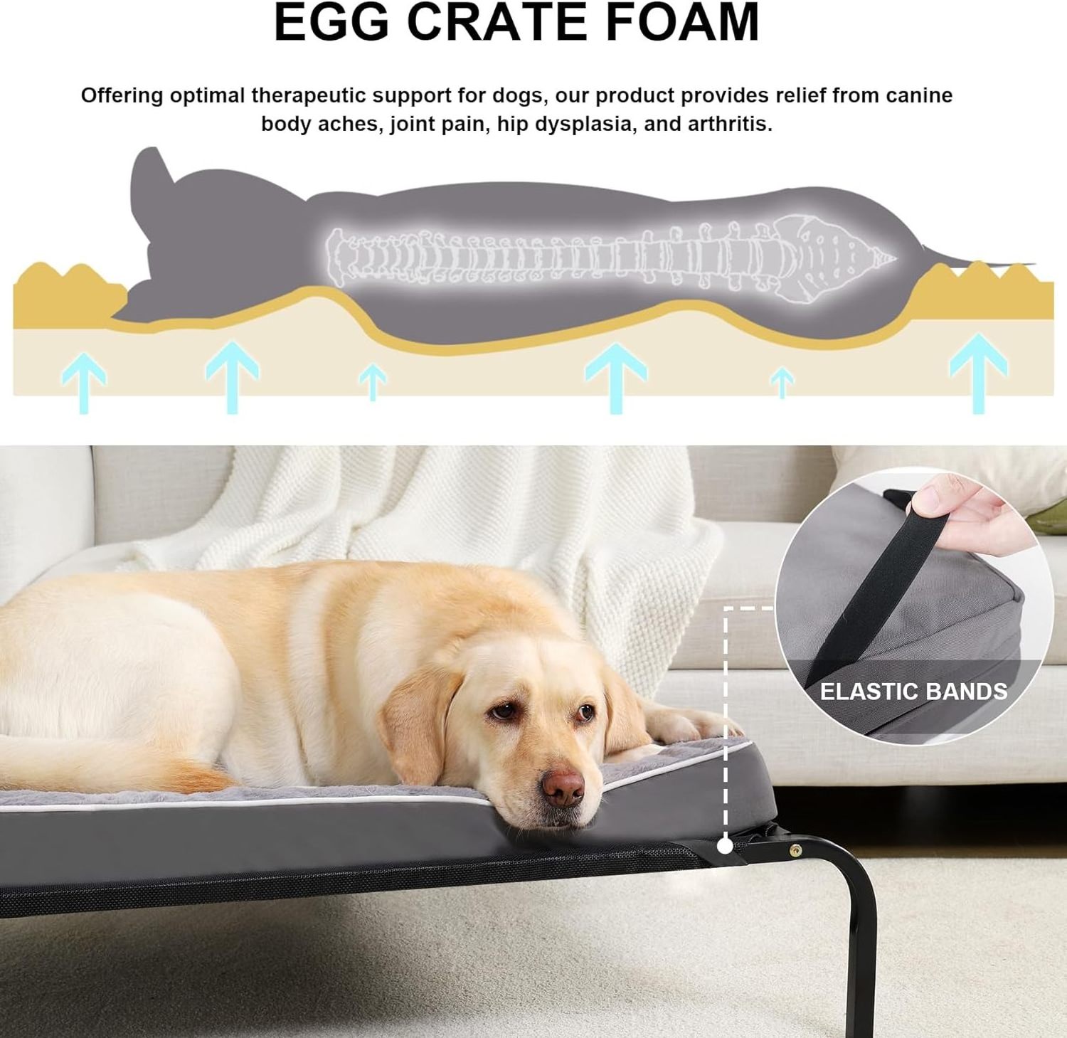 Orthopedic Dog Bed for Large Dogs Bed for Crate with Removable Washable Cover, Egg Crate Foam Dog Bed with Elastic