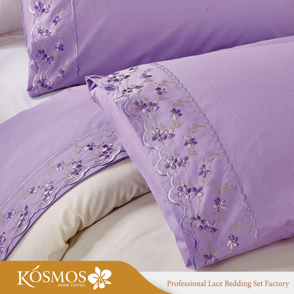 Nantong HOME purple embroidered bed sheet 100% cotton lace bedding sets