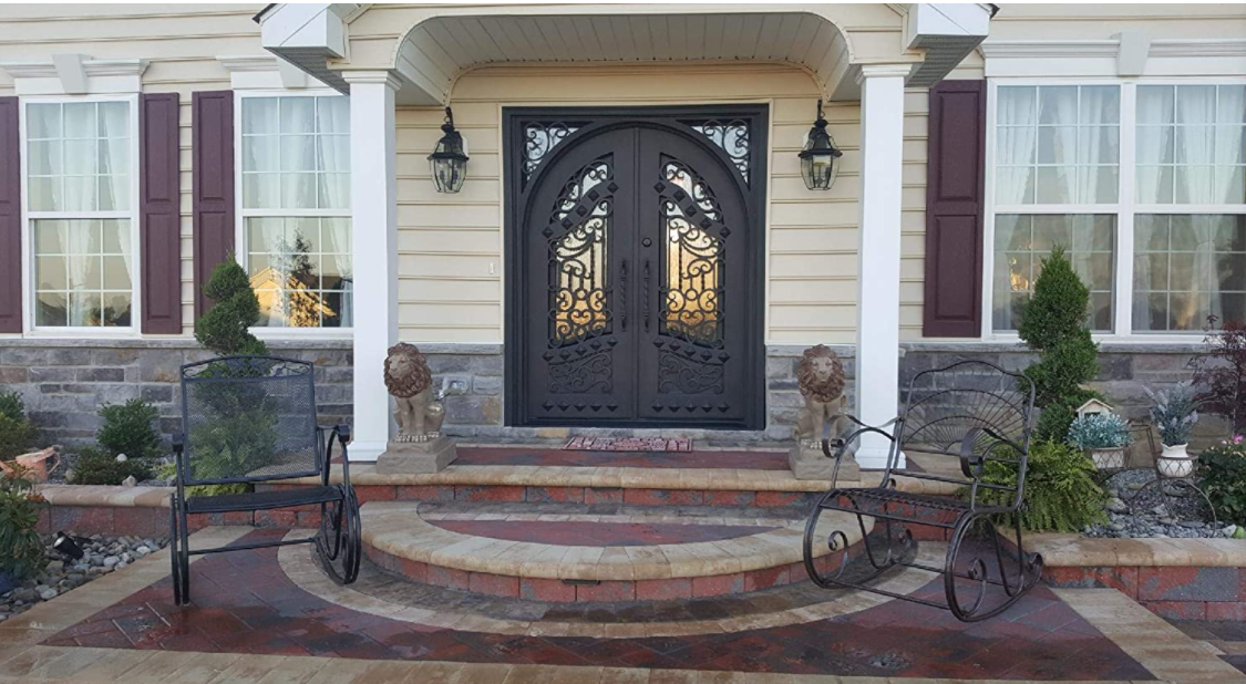 Exterior Double Front Entry Door Wrought Iron door with Operable Tempered Rain Glass Inside Swing Dark Bronze Finish