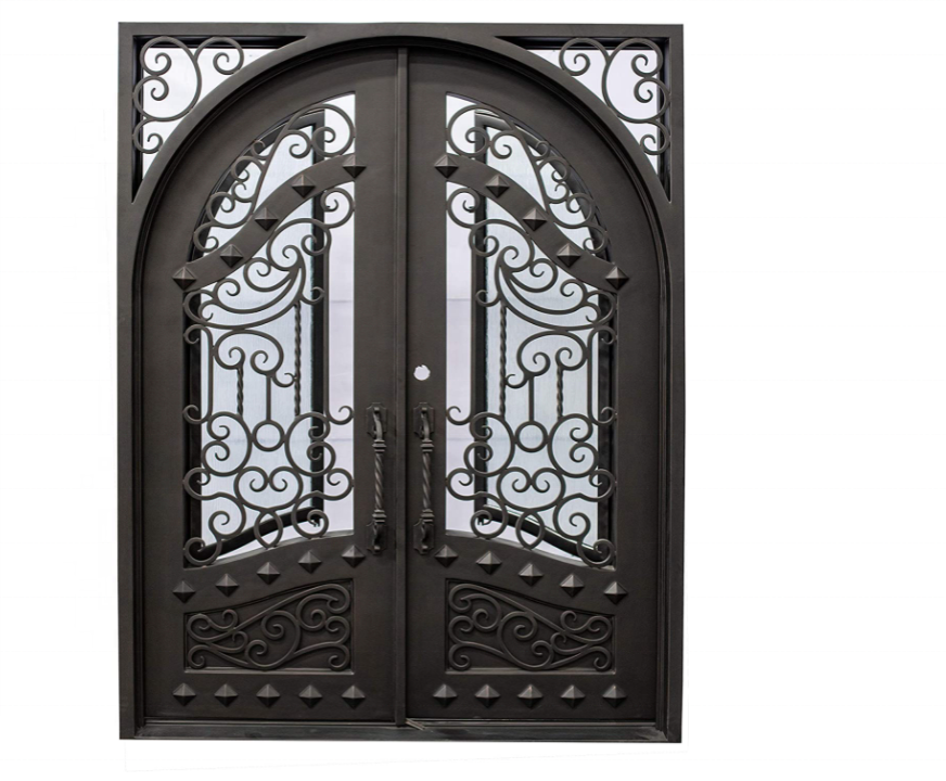 Exterior Double Front Entry Door Wrought Iron door with Operable Tempered Rain Glass Inside Swing Dark Bronze Finish