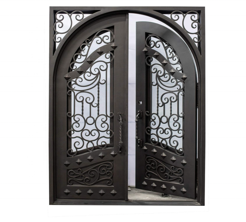 Exterior Double Front Entry Door Wrought Iron door with Operable Tempered Rain Glass Inside Swing Dark Bronze Finish