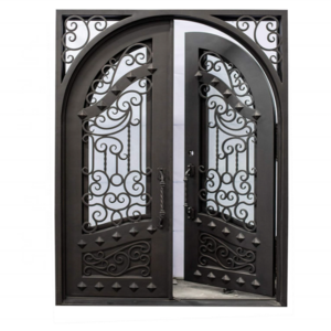 Exterior Double Front Entry Door Wrought Iron door with Operable Tempered Rain Glass Inside Swing Dark Bronze Finish