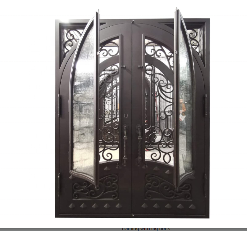 Exterior Double Front Entry Door Wrought Iron door with Operable Tempered Rain Glass Inside Swing Dark Bronze Finish