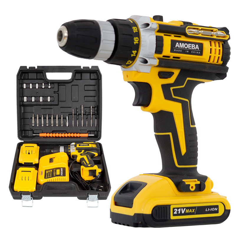 Original Hot selling Good Quality 21V Cordless Electric Drill Set with Two Batteries One Charger Plastic Box  Li-ion battery