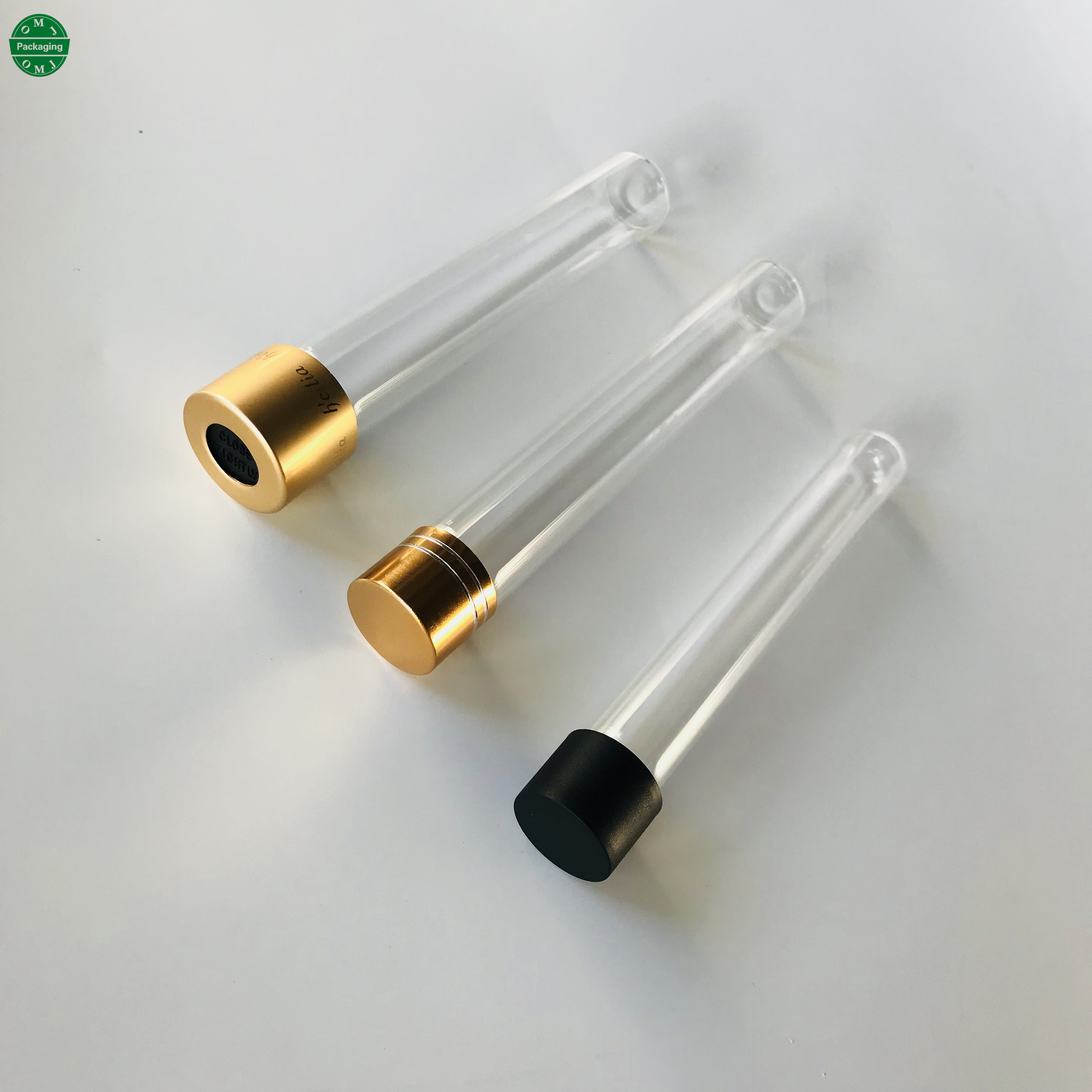 Custom logo size label Child resistant glass tube with smooth screw caps for packwoods packaging