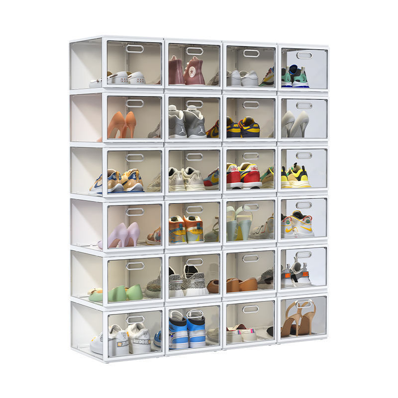 Custom Stackable Transparent Acrylic Shoes Box Magnetic Side Drop Storage Organizer Collapsible Portable Foldable Shoe Rack