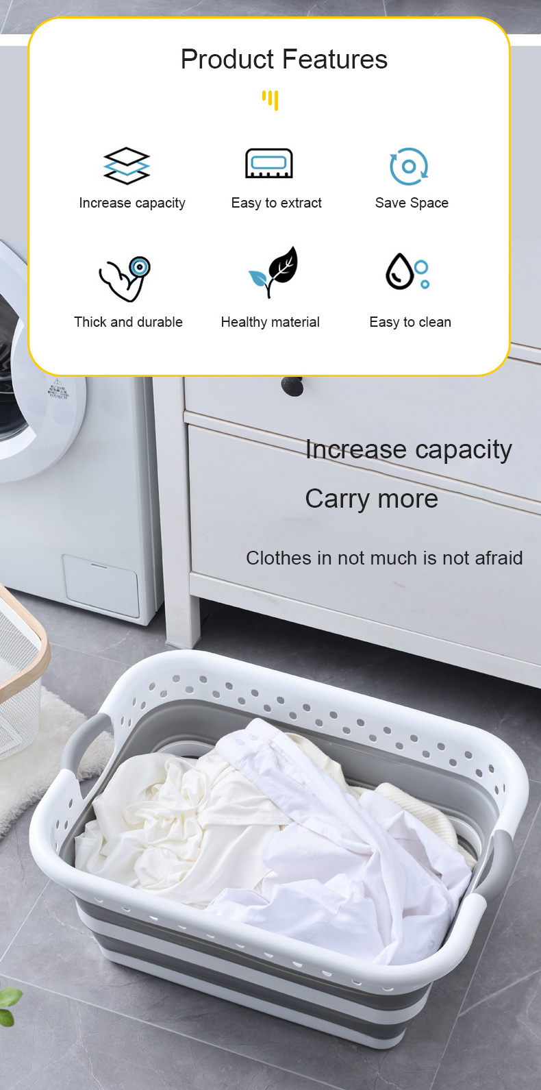 Space saving pop up small folding storage container plastic collapsible laundry basket foldable laundry basket with handle