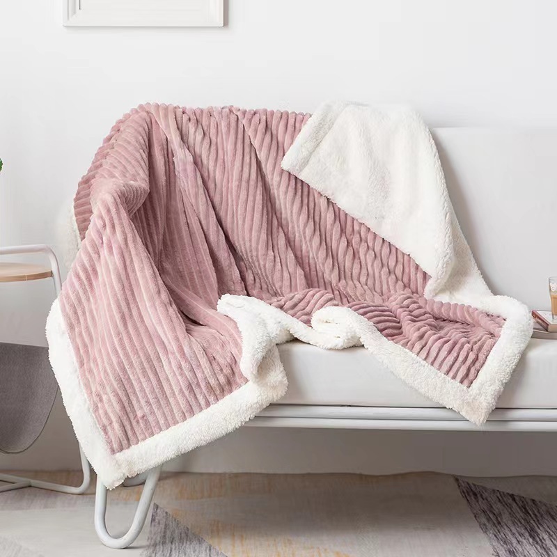 Solid color double layer cashmere blanket summer Flannel blanket striped sofa blanket casual afternoon nap air conditioning blan