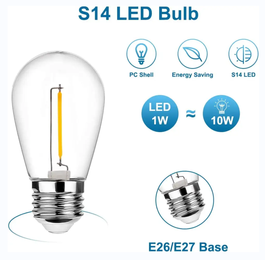 Decoration Plastic Shatterproof e27 Edison Bulb Lights Warm White S14 1w 2w Led Filament Bulbs For Outdoor String Lights