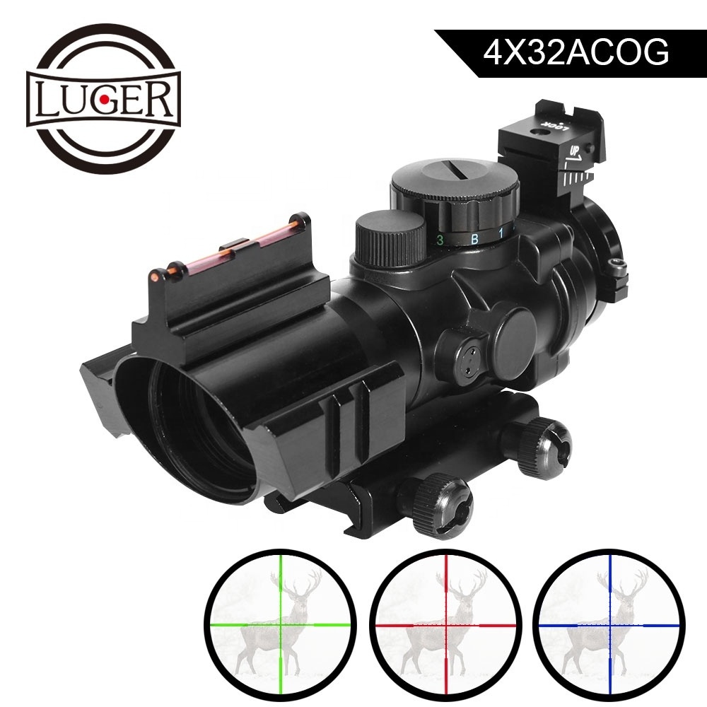 LUGER 4x32 ACOG Hunting Scope Red Dot Reflex Fiber Optic Sight Red & Green &Blue Illuminated Reticle Scope